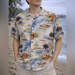 Hilo Hattie Men’s L Hawaiian Shirt Rayon Scenic Outrigger Canoe Hibiscus